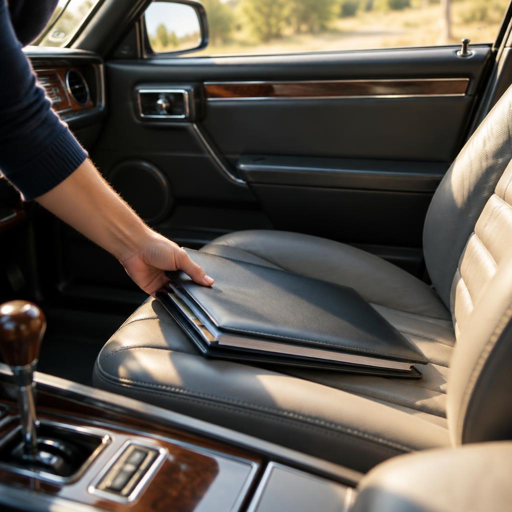 Hand placing a document folder on a car seat